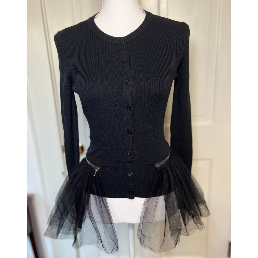 Moschino Couture Black Cardigan Sweater with Detachable Mesh Peplum, Size XS